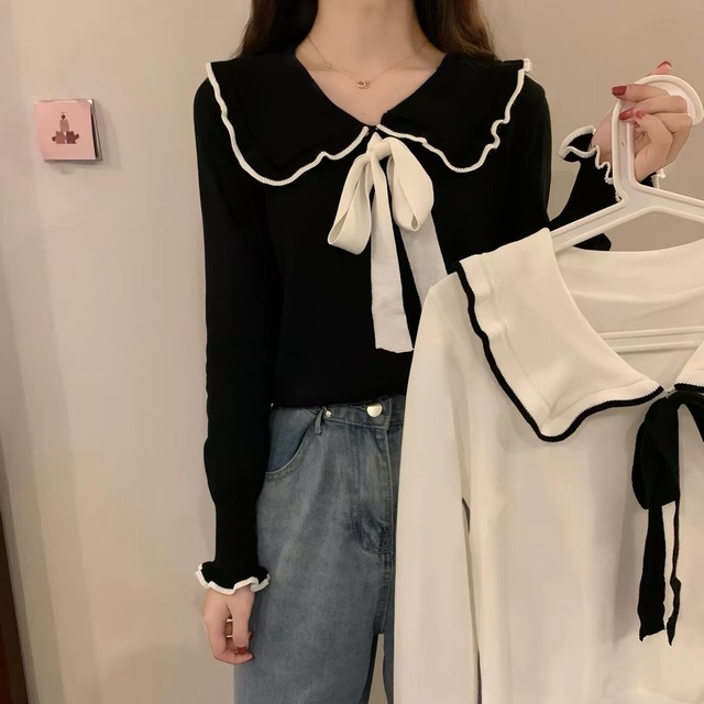 Doll Collar Preppy Long-Sleeve Knit Top