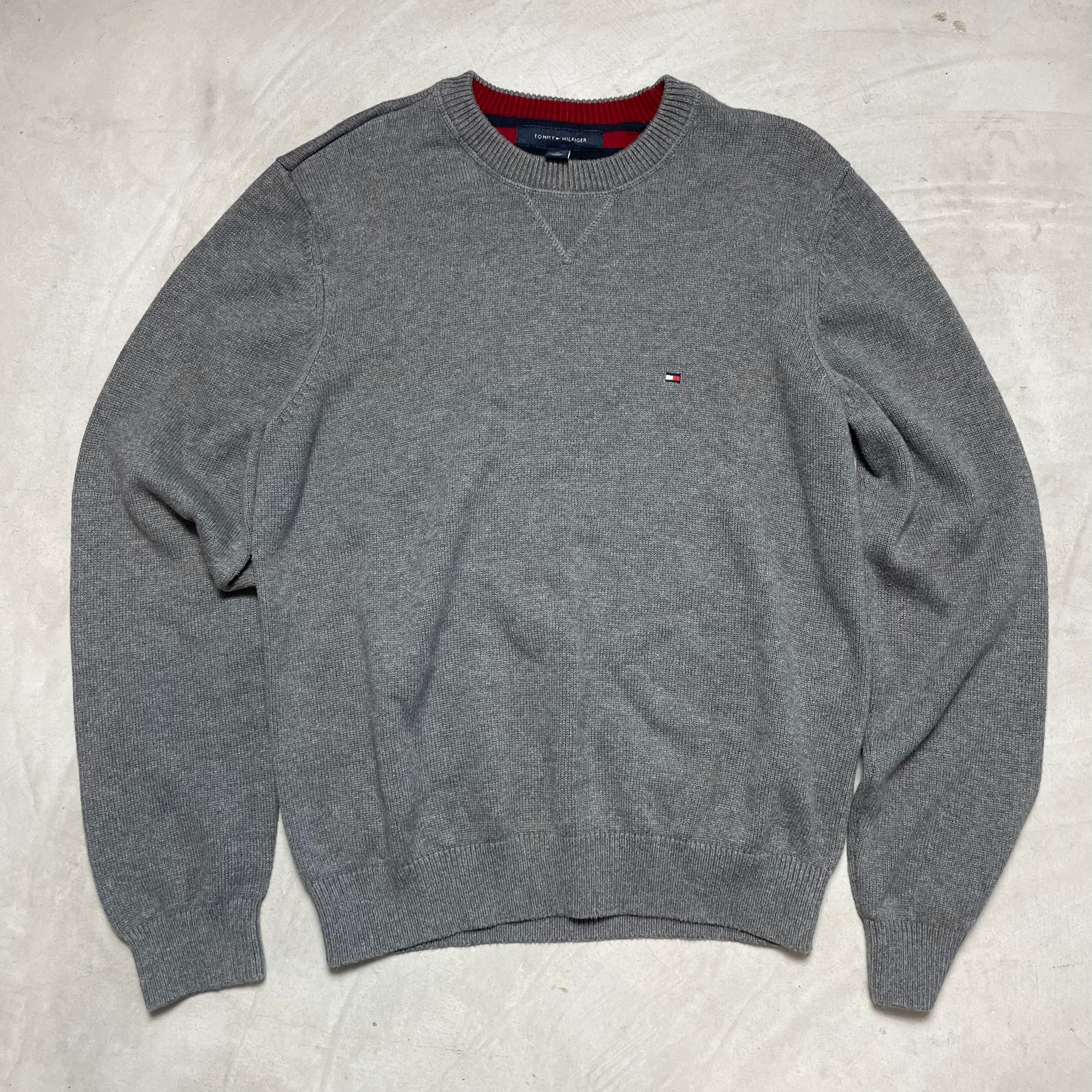 TOMMY HILFIGER トミーヒルフィガー クルーネック コットンニットセーター メンズL 古着 ワンポイントロゴ刺繍 グレ- 【ニットセーター】