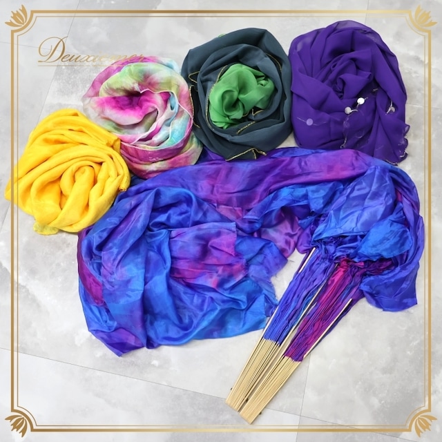 ベリーダンス 小物 まとめ売り 5点セット ファンベール ベール ブルー系 カラフル ダンス小物 ダンス用 鮮やか グラデーション 民族舞踏 セット売り 小道具 イエロー系 グリーン系 パープル系