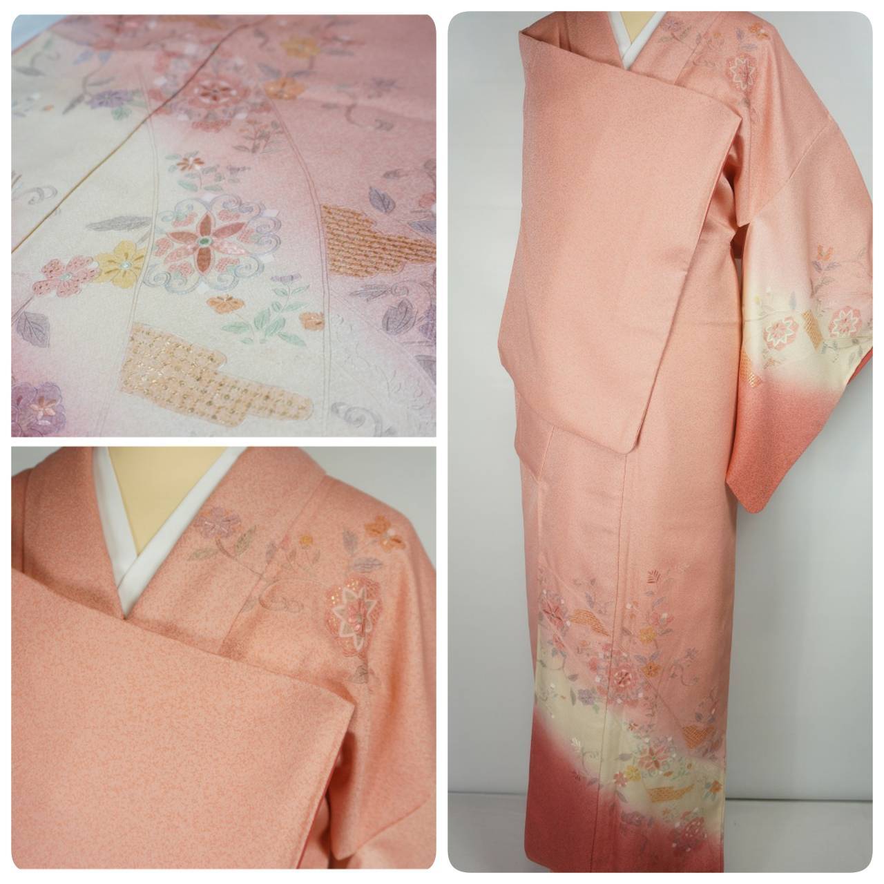 汕頭刺繍 本金箔 総刺繍 訪問着 華紋 鴇色 サーモンピンク 677