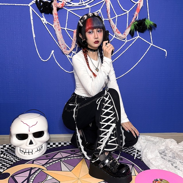 ゴスロリ通販 With U  ゴスロリ系 FANLOVE  パンツ デニム ストレート レースアップ ホットガール ストリート系 原宿ファッション バンギャ Z世代 Y2K
