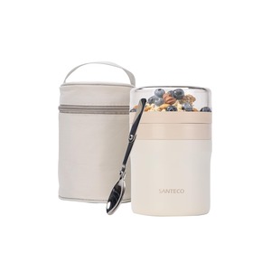 【努力特価】SANTECO 真空断熱 スープジャー 500ml 兼 BPAフリーの透明プラスチック蓋 200ml ランチジャー保温弁当箱 スプーン 専用バッグ付 オシャレ 男女兼用 ピクニック 部活用 (クリーム 500ml)