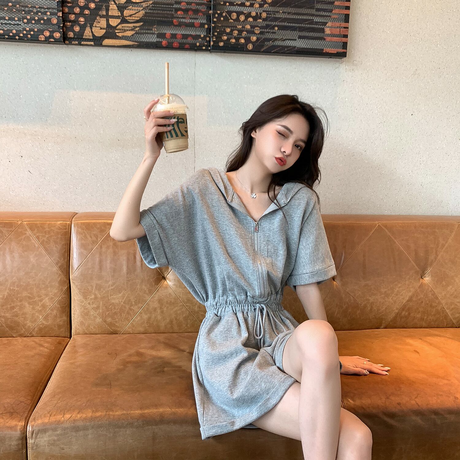 カジュアルルーズワンピースショーツ サマーフードレッドハイウェストウェストジャンプスーツ オールインワン 夏物 ブルマー 6Du_Shop_Women43757701769