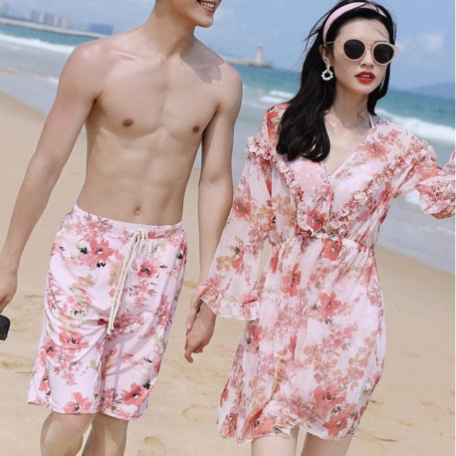 【予約販売】水着 メンズ レディース カップル水着 4点セット ペア 水着 体型カバー 花柄 総柄 ピンク セパレート水着 ビキニ 海水パンツ 海パン ペア サウナ 温泉 プール ペア水着 恋人 おそろい お揃い M/L/XL/2XL/3XL