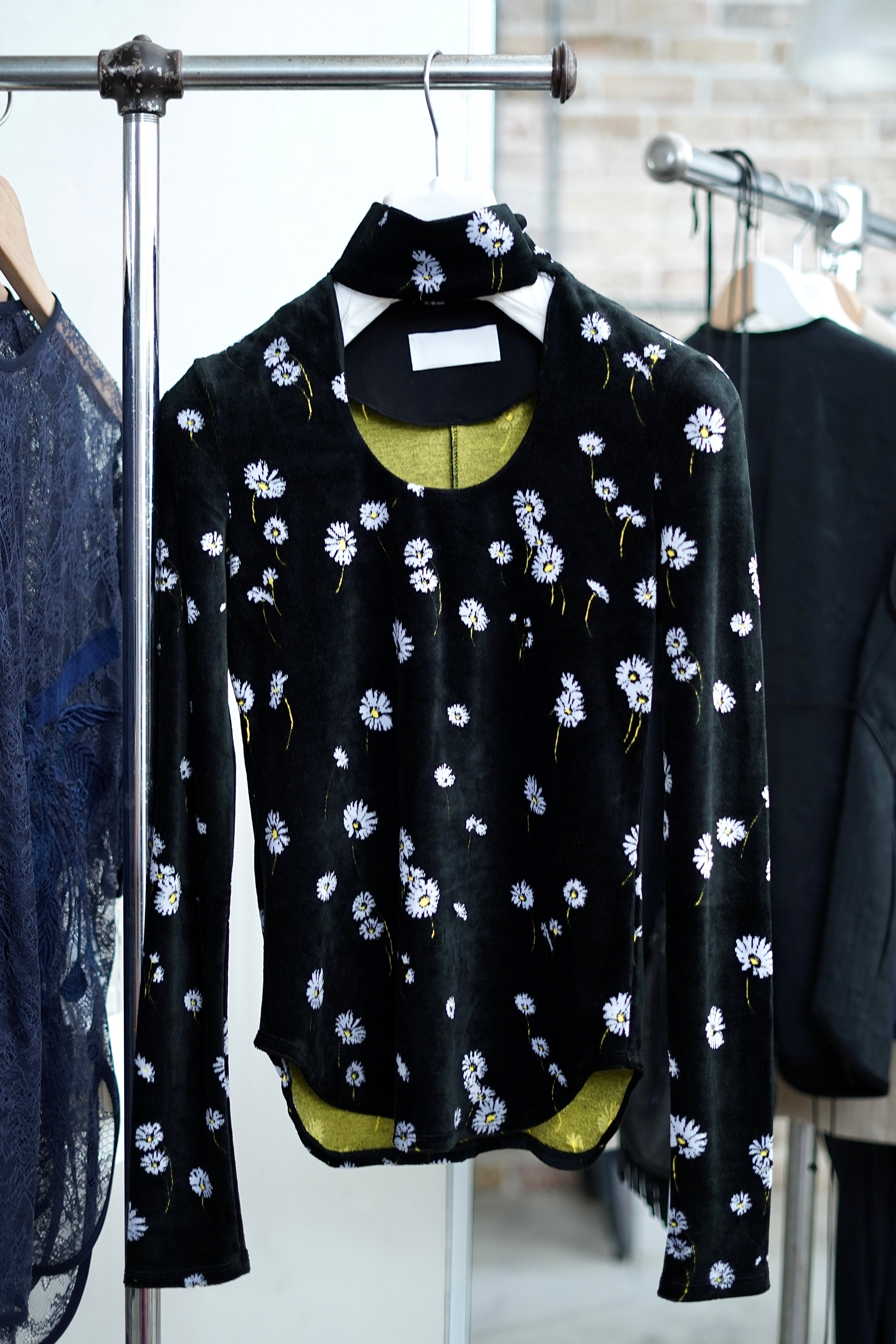 Mame Kurogouchi / Velour Jersey Floral High Neck Top ( BLACK, NAVY