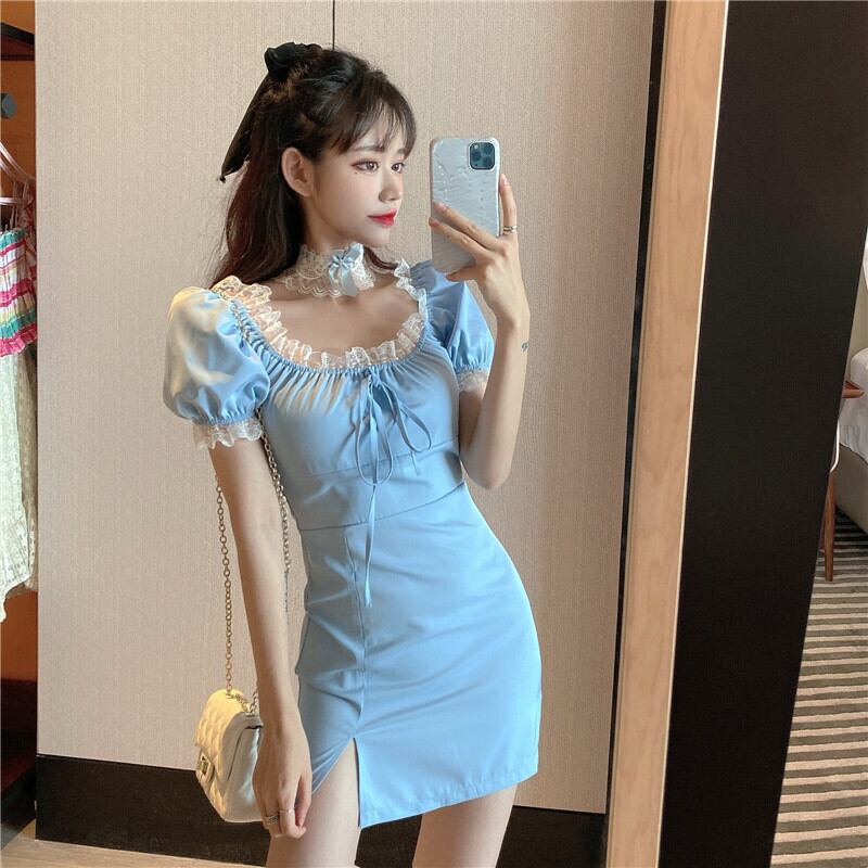 ドレス サマーレースサイドスリーブウェストショートスカート カラー 夏物 ハーネス ベルト スクウェア ハンチェンe28335610443