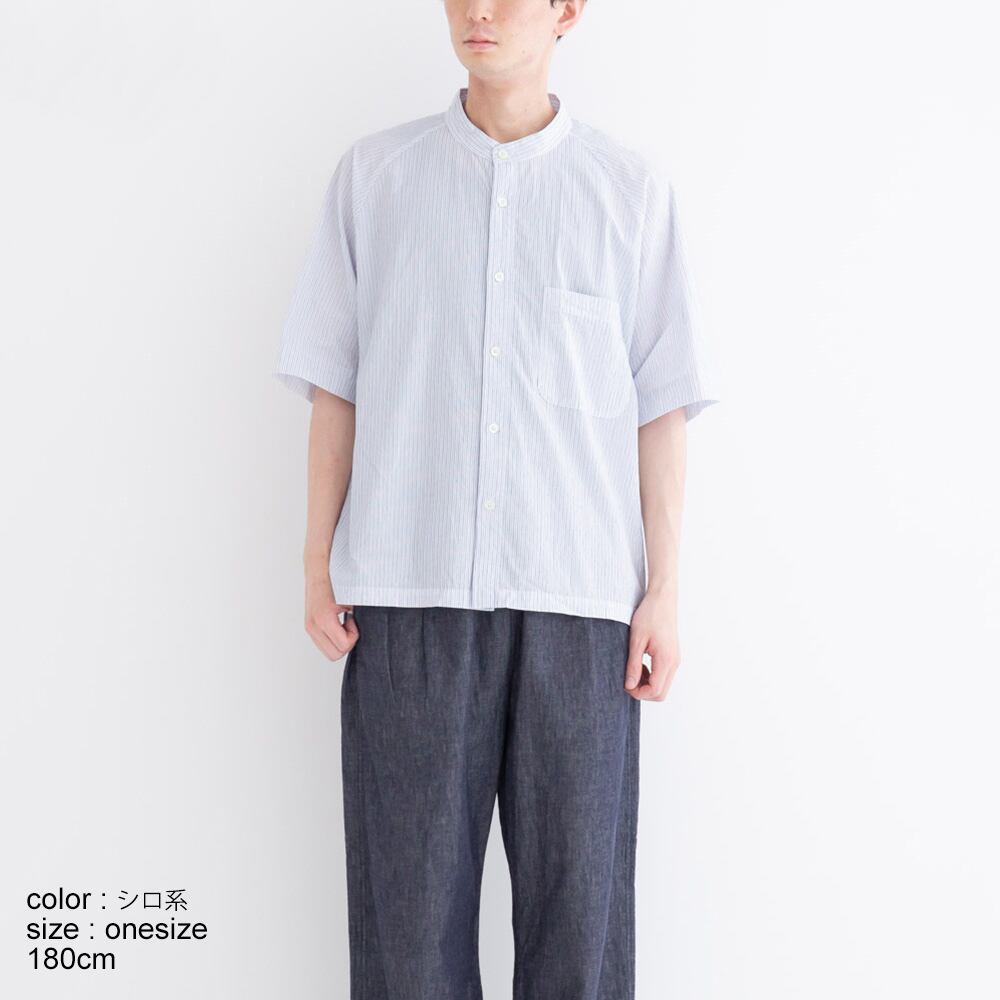 リネン RINEN 半袖ラグランスタンドカラーシャツボイルストライプ(R34303)全2色【レターパックプラス可】