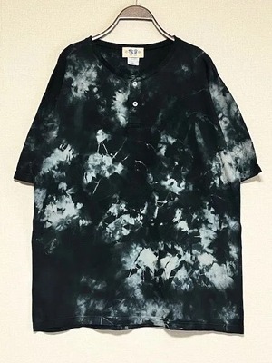 タイダイ染め Tie-dye ヘンリーネック Tシャツ XLサイズ　ブラック×ベージュ　ムラ染め　Hippies Dye HD21-47