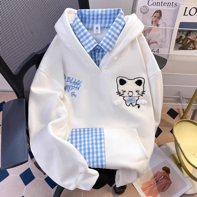 ❤可愛さ爆発！萌え度MAX！【DWYSシリーズ】★パーカー★ 2color トップス カジュアル 男女兼用 メンズ レディース 猫 ネコ チェック柄