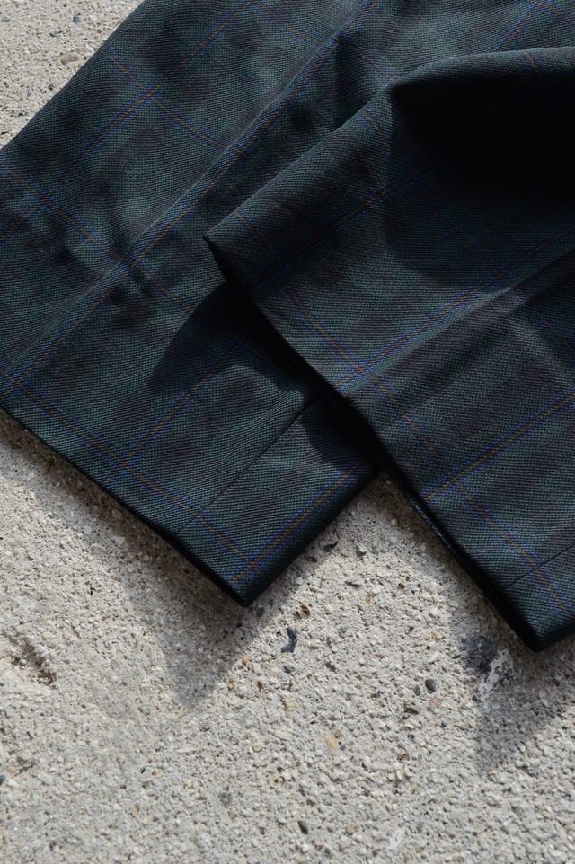 Old Blank Slacks 90's Tartan Check 2Tuck Poly Wool Slacks Dark Green Black オールドスラックス ポリウール サマースラックス