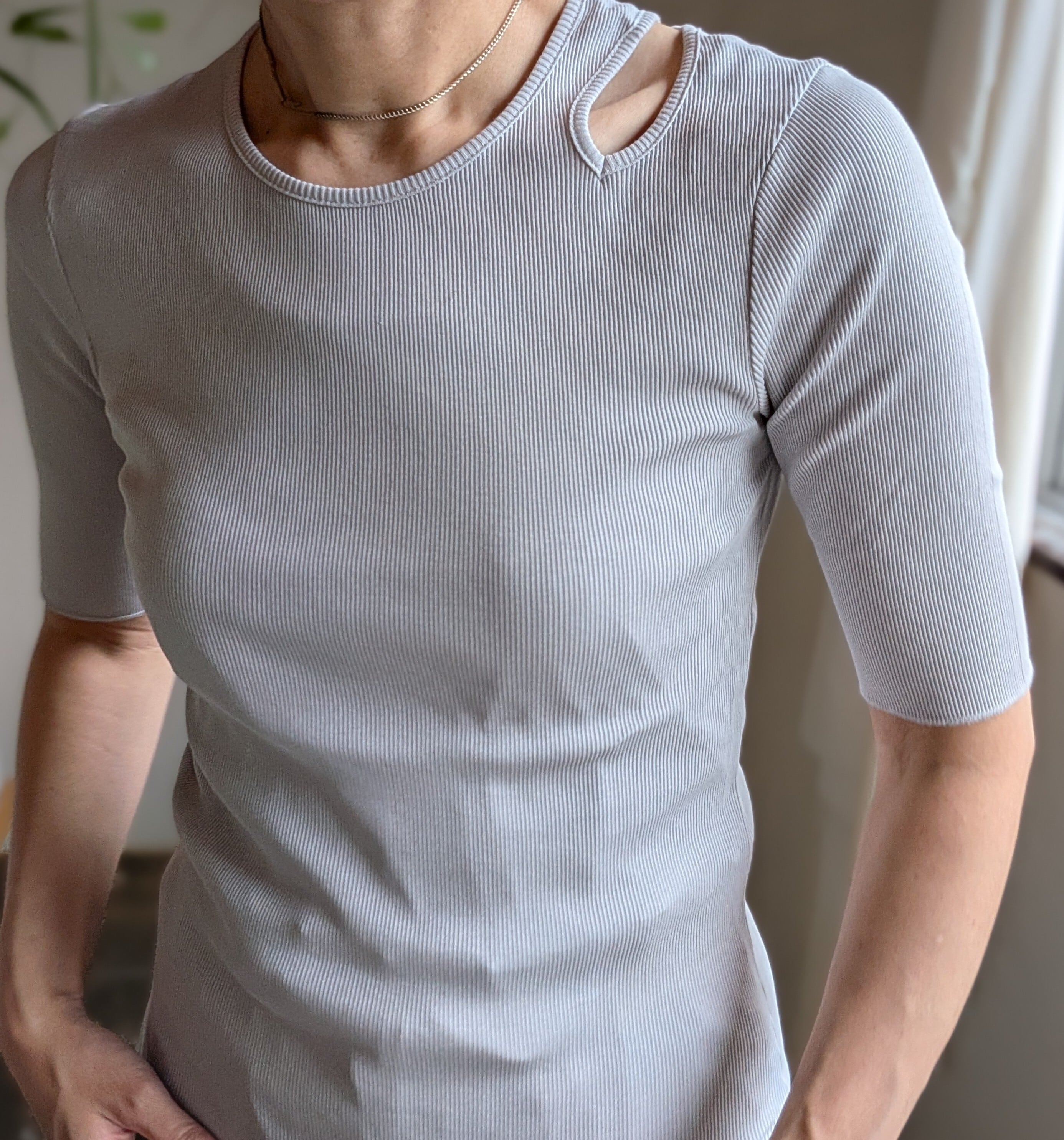 oto ]オト / COTTON RIB 肩開き6部袖Tシャツ / SILVER BLUE | 服と雑貨