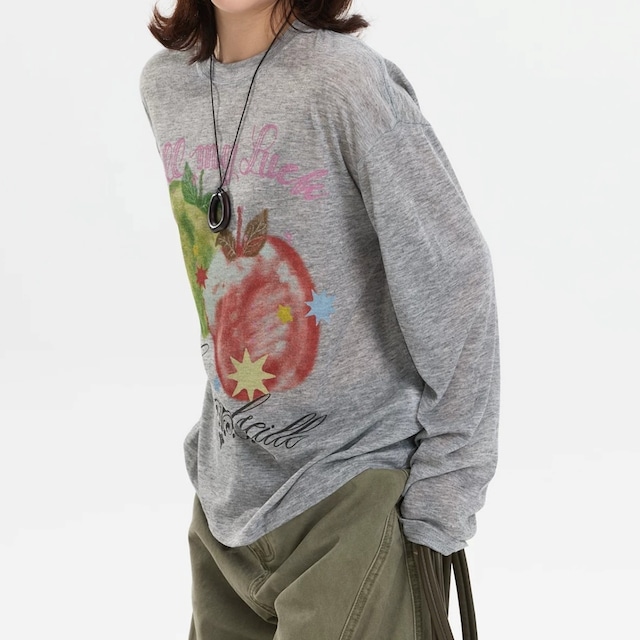 アップルモチーフシアーロングスリーブTシャツ 2col R02546