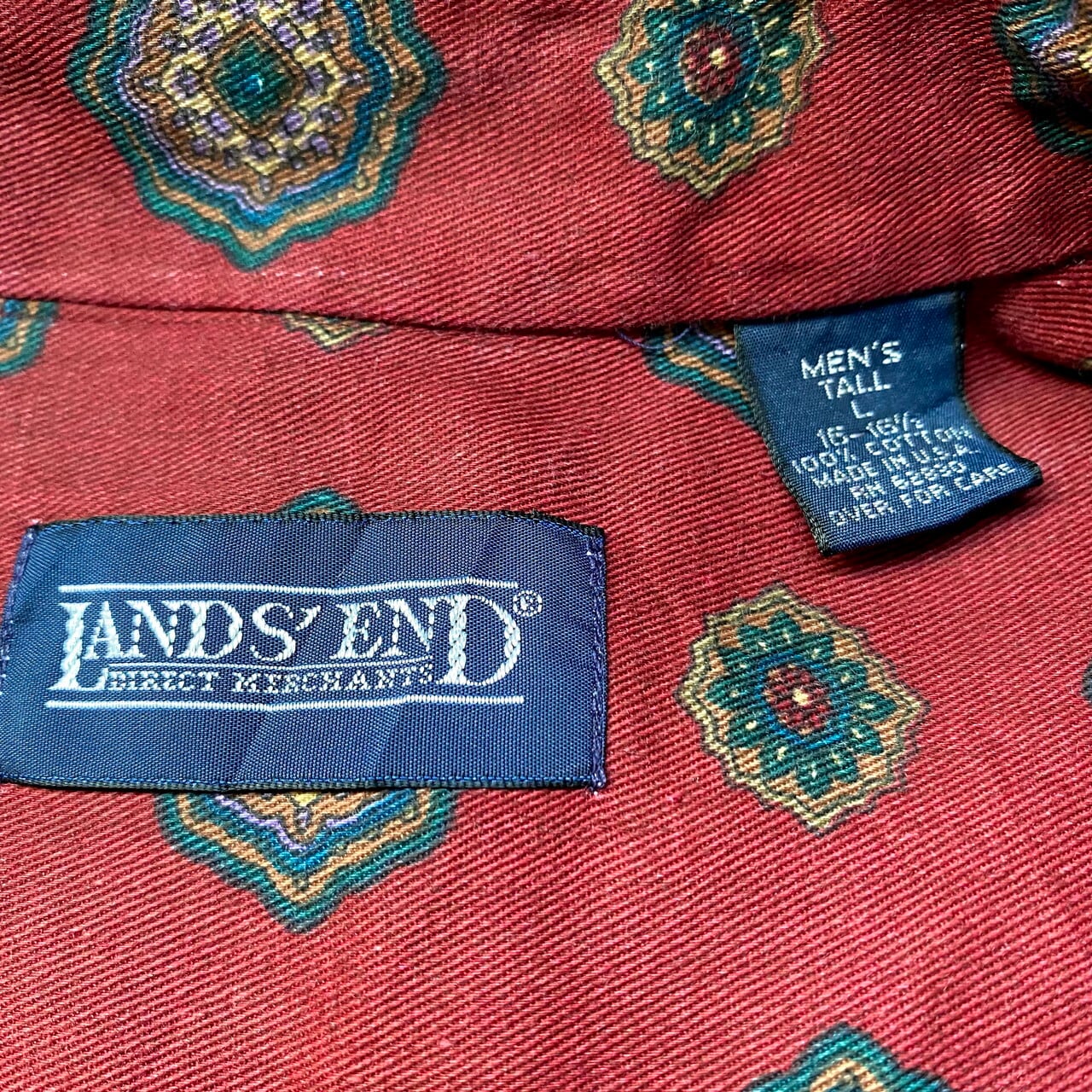 90年代 USA製 LAND'S END 小紋柄 コットン 長袖 総柄シャツ メンズXL