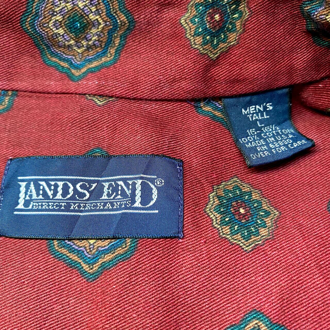 90年代 USA製 LAND'S END 小紋柄 コットン 長袖 総柄シャツ メンズXL