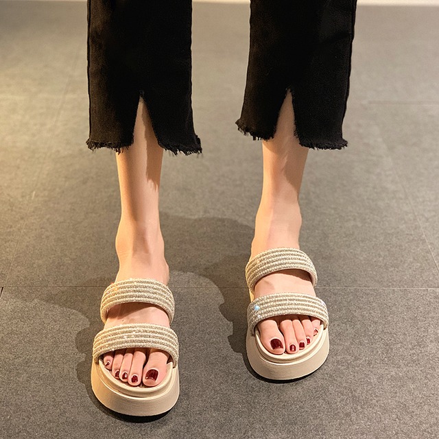 サマーレッドパールラインストーンサンダルミュール 靴 シューズ 夏物 真珠 フェイクシューズ67428582816