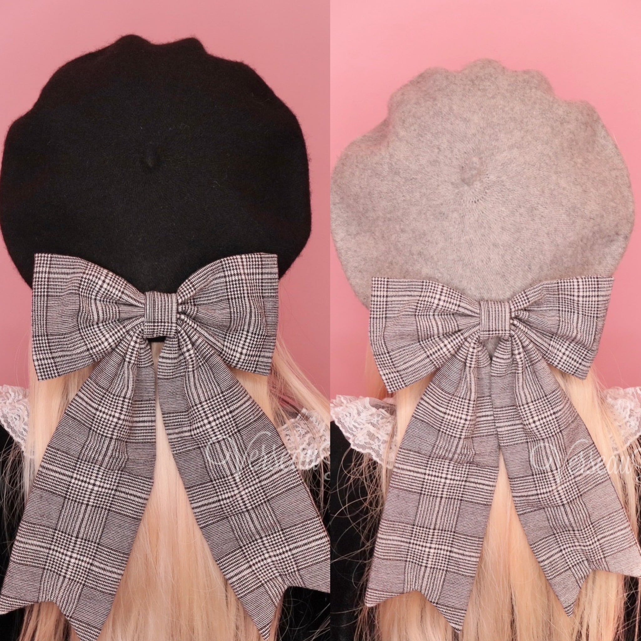 H43 【セール】 ベレー帽 グレー 大きなおりぼん グレンチェック