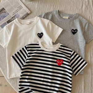 【90-140】夏新作ハート柄ボーダーorノーカラーTシャツ