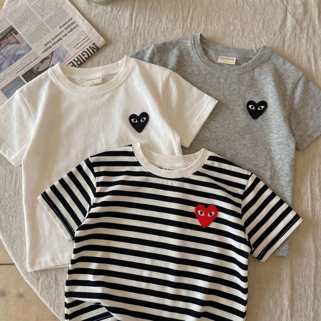 【90-140】夏新作ハート柄ボーダーorノーカラーTシャツ