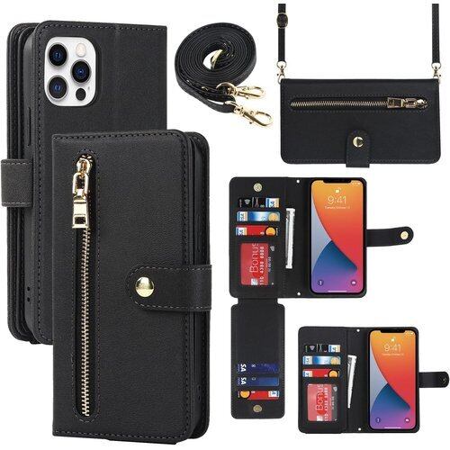 Pelanty 縄掛けケース for iPhone 12 Pro Max 手帳型ケース iPhone12 Pro Max 財布型カバー 手持ち縄掛け 肩掛け斜めがけショルダー ICカードポケット お札入れ小銭入れ 大容量 収納ポケット ジッパー付き ボタン磁気 合成皮革+TPU マグネット アイフォン12プロ マックス スマホケース ストラップ付き 携帯カバー スタンド機能 肩縄付き-ブラック 1280