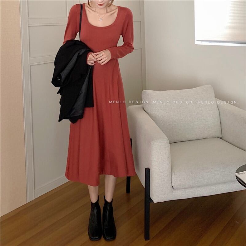 ニットドレス ウェスト長袖スリーブスカート スプリングレッドスリム ロング 春物 スクウェア YY-ファッション40889710796