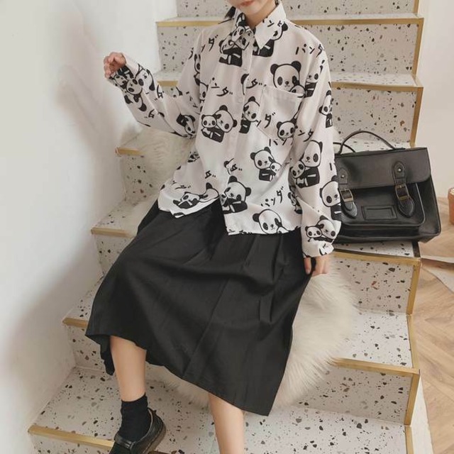 パンダ ボタン シャツ   長袖 個性的 かわいい  ゆめかわ MILK  トップス 原宿 個性派 オルチャン 韓国ファッション