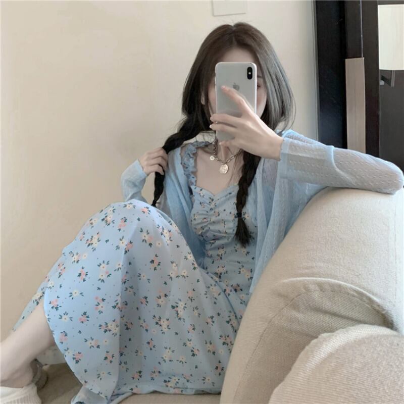 ブラックFlowerデザイン ストラップレスシフォンスカート ドレス ニットカーディガンシャツ フラワーデザイン ブラックストロベリース40670275603