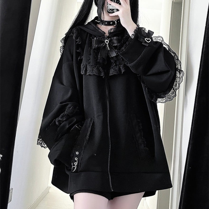 地雷系 フーディ フリル装飾 ブラック×グレー ゴスロリ風｜WithU