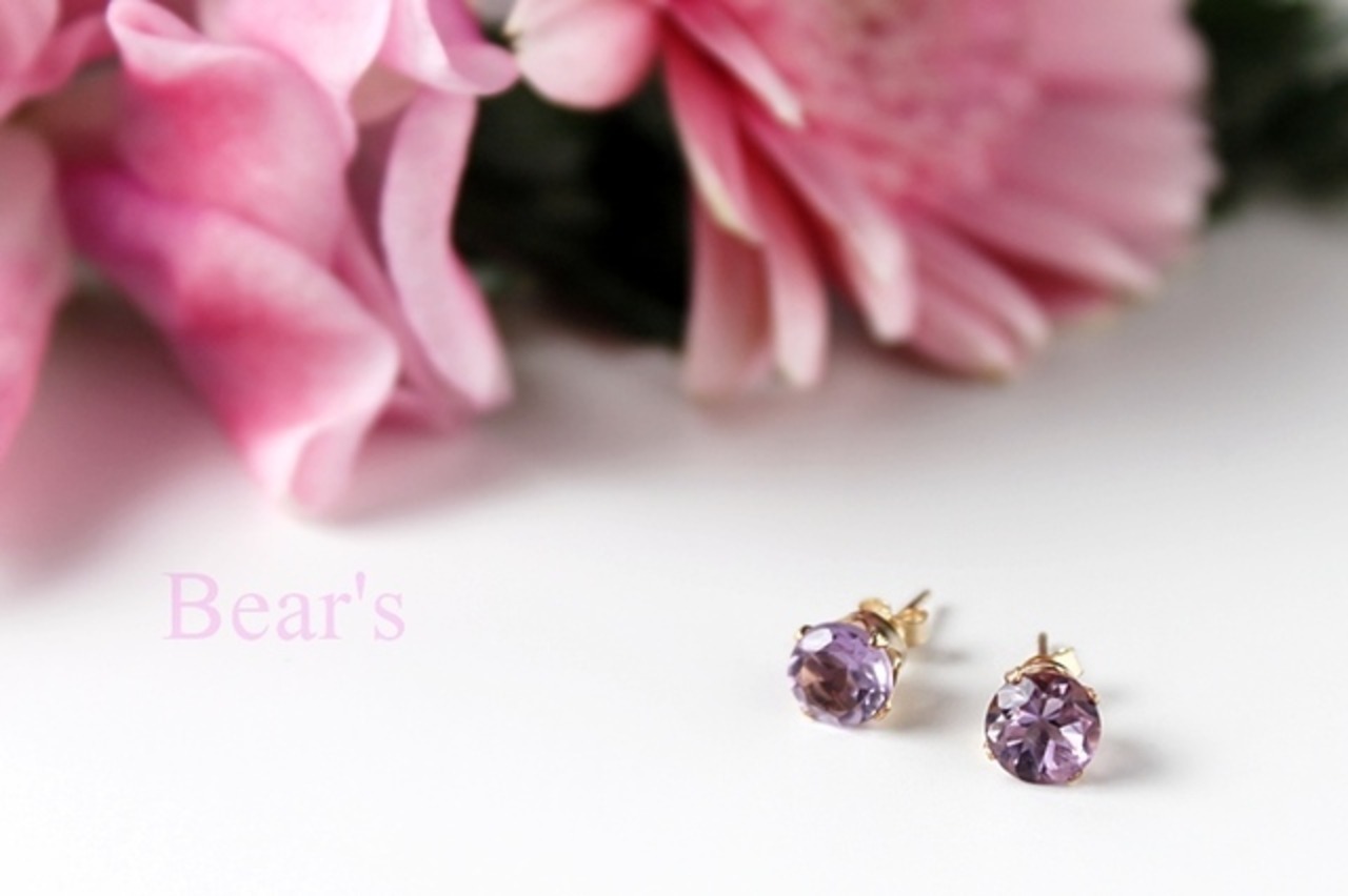 【14Kgf】大粒ピンクアメジストのブリリアントカットピアス 6mm
