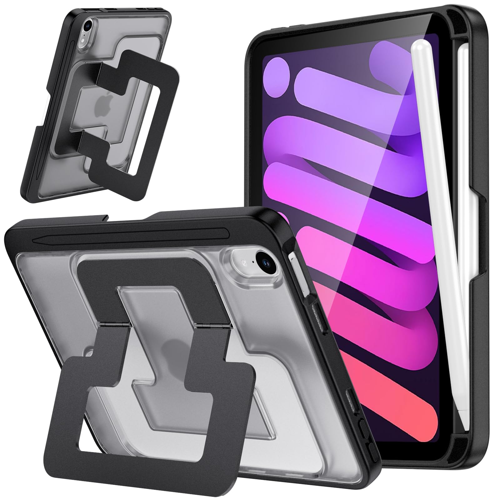 SANDUODD iPad mini ケース 第7世代 8.3インチ(2024・A17 Pro)対応 / 第6世代(2021)対応 米軍MIL規格 縦横デュアルスタンド ペン収納 薄型 耐衝撃 半透明 (マットブラック)