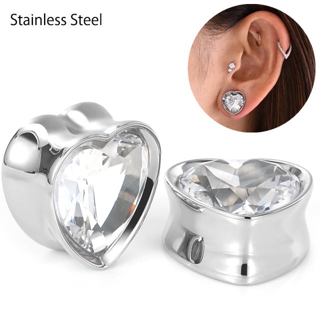 専用　シルバー ロゴピアス クリスタル付き ボディピアス 0G 00G クリスタル ジルコニア ハート ダブルフレア