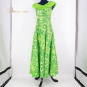 フラダンス 衣装 ワンピース ドレス グリーン系 パンドール フラ ダンス 緑 黄緑 白 ラウアエ柄 鮮やか ハワイアン アロハ フリル Paondor 日本製 華やか ハワイアンプリント かわいい ノースリーブ 袖なし ホワイト系