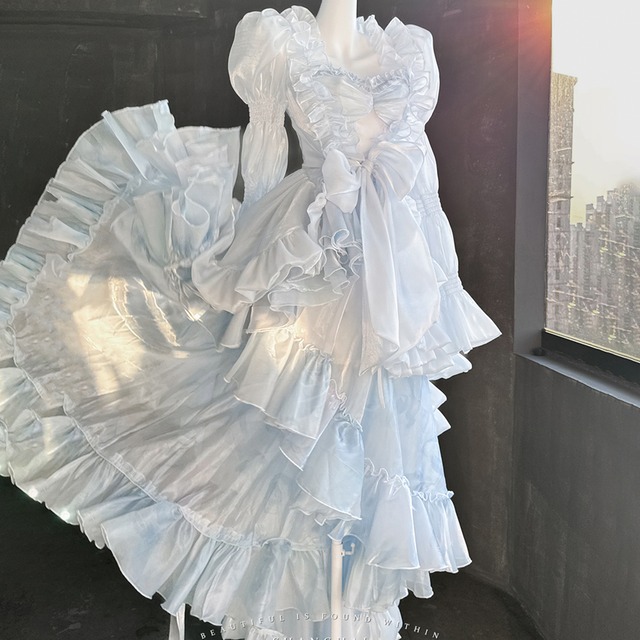 パーティドレス  甘ロリ ロリィタドレス プリンセスドレス ブルー スカートカバー付き イベント衣装