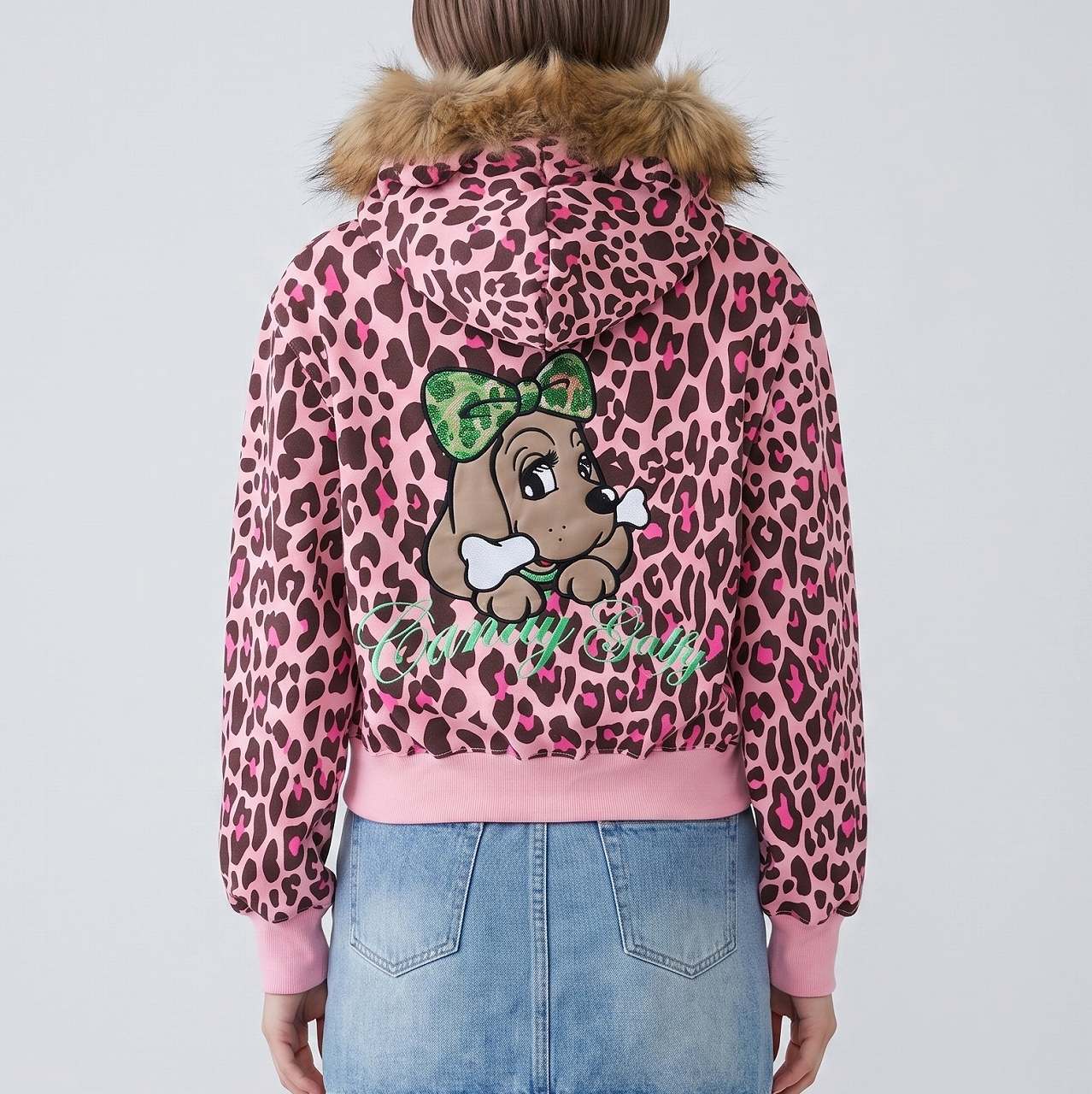 キャンディガルフィー パーカー S ピンク ヒョウ柄 ファー ショート丈