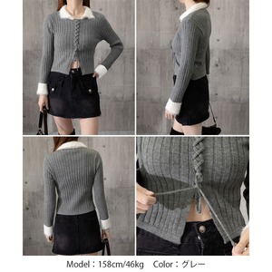 ニット 長袖 レースアップ ファー襟 トップス レディース 春秋冬 韓国 きれいめ 大人 かわいい カジュアル フェミニン ふわふわ エコファー 細見え バイカラー リブ編み ニットソー 大人可愛い 大人女子