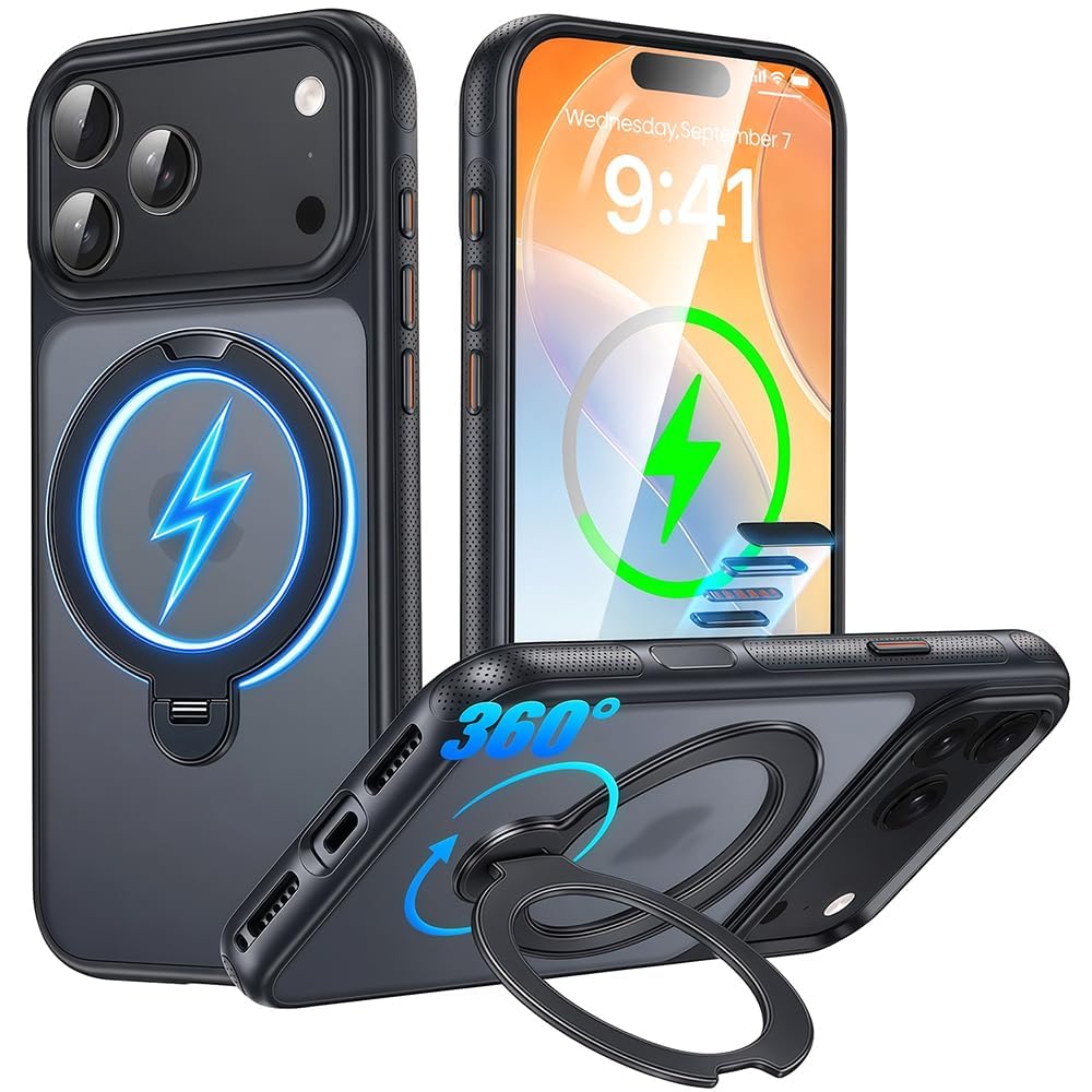 Kahper iPhone 18 Pro / 17 Pro 用ケース MagSafe対応 360度回転スタンド 縦横両対応 米軍規格耐衝撃「ブラック」