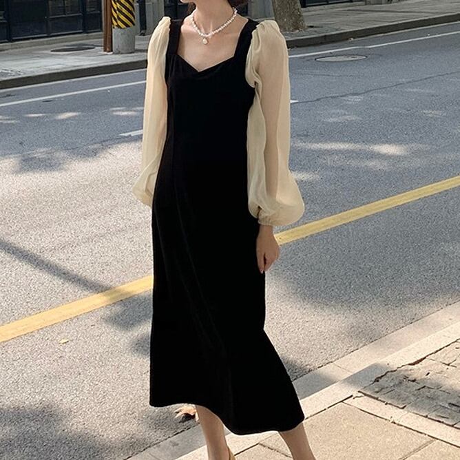 大きいサイズ レディース韓国ファッション ワンピース ドレス バイカラー シアー ボリューム袖 ペンタゴンネック エレガント きれいめ オルチャン Ch2149 可愛い大きいサイズ韓国レディースファッション通販 Chulachula チュラチュラ