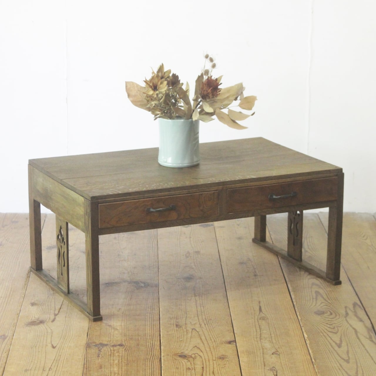 レトロ 文机 ローテーブル 座卓 無垢材 引き出し 抽斗 2杯 花台 展示台 ヴィンテージ/PET27197