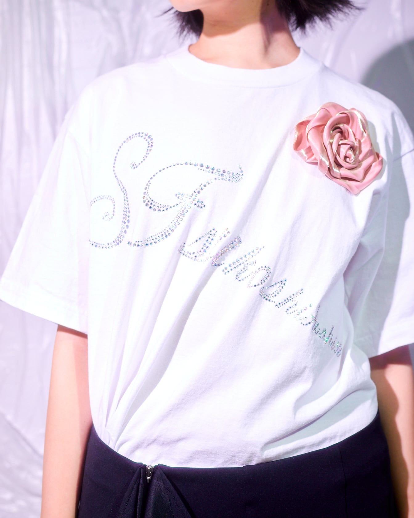 S.F rhinestone Tshirt  With ROSE - White【UNISEX】