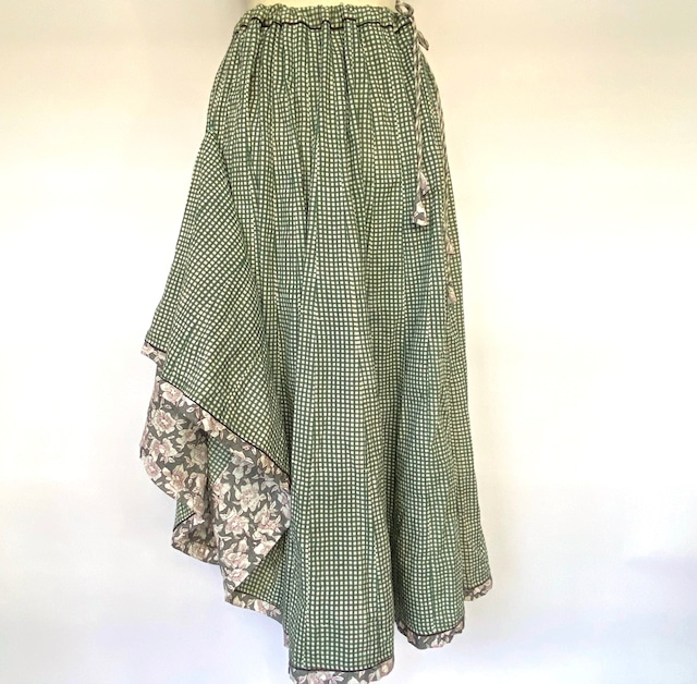 ブロックプリントフルサークルスカート Tattersall Check Green