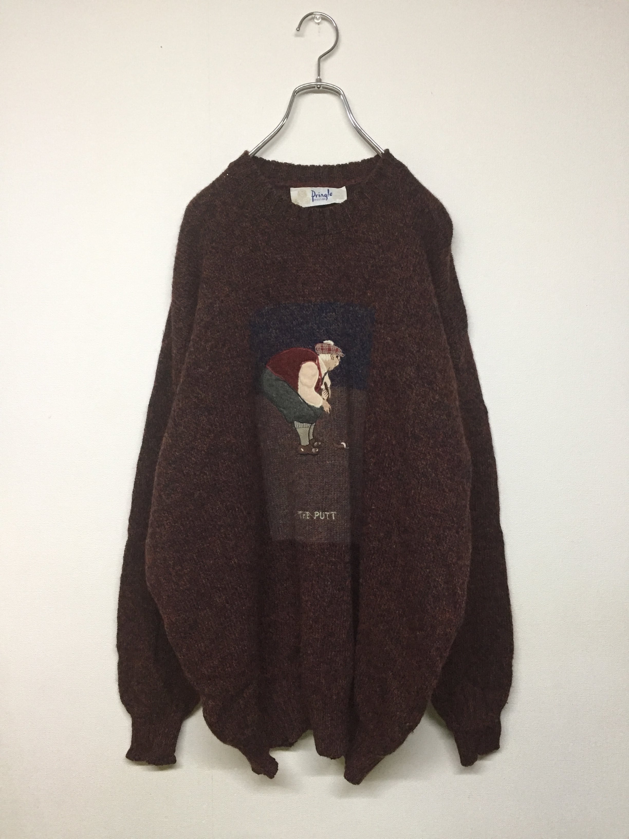 柄ニット　総柄　スコットランド　刺繍　ゴルフ　レトロ　古着　一点物　デザイン デザインニット ゴルフモチーフ刺繍 スコットランド製 | 古着屋 KafuCa