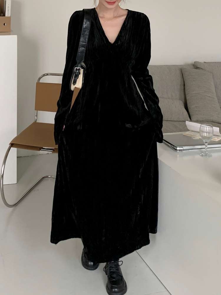 ベルベット Vネック ワンピース 休日コーデ 大きいサイズ 韓国 CH8384
