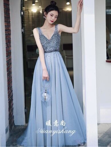 高品質！ イブニングドレス 青/ブルー ロング 抜群のおしゃれ見え  