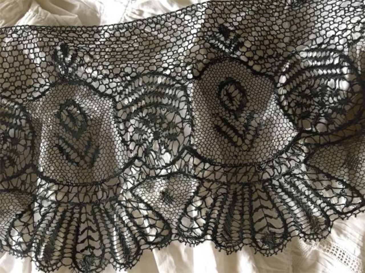 19世紀 France 200x23c 闇夜の花々 絹 ブラックピュイレース