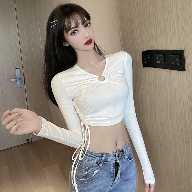 スタイルシャツ オータムハイウェストTシャツ トップス ロング レース 秋物 レースアップ ハンチェンe81634375732