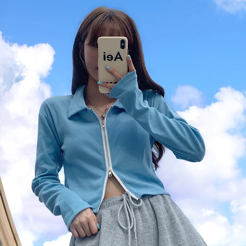 レッドダブルジッパーニットカーディガンTシャツ スプリングカラーショートトップス ロング 春物 ピュア 萌量不足25130628882