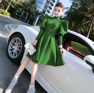ワンピース レディース ハイネック 長袖 ドレス グリーン Aライン ボリューム袖 女子会 ホームパーティー 大きいサイズ XL ひざ丈 可愛らしい 春秋 無地 ミニワンピース スタイルアップ