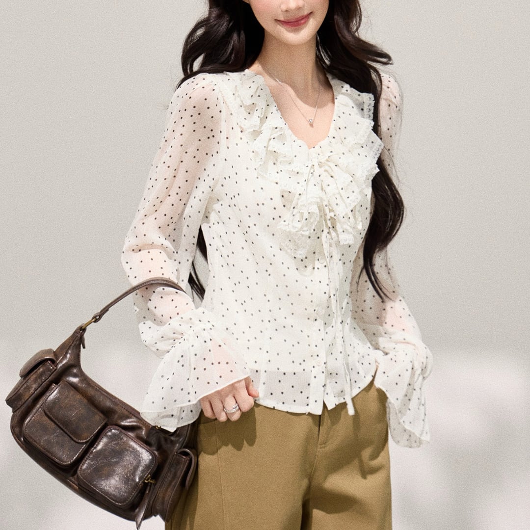 ドット柄フリルネックシフォンブラウス A39