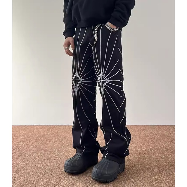 【DRIP4435】D/B Spider Web Radiation Straight Denim