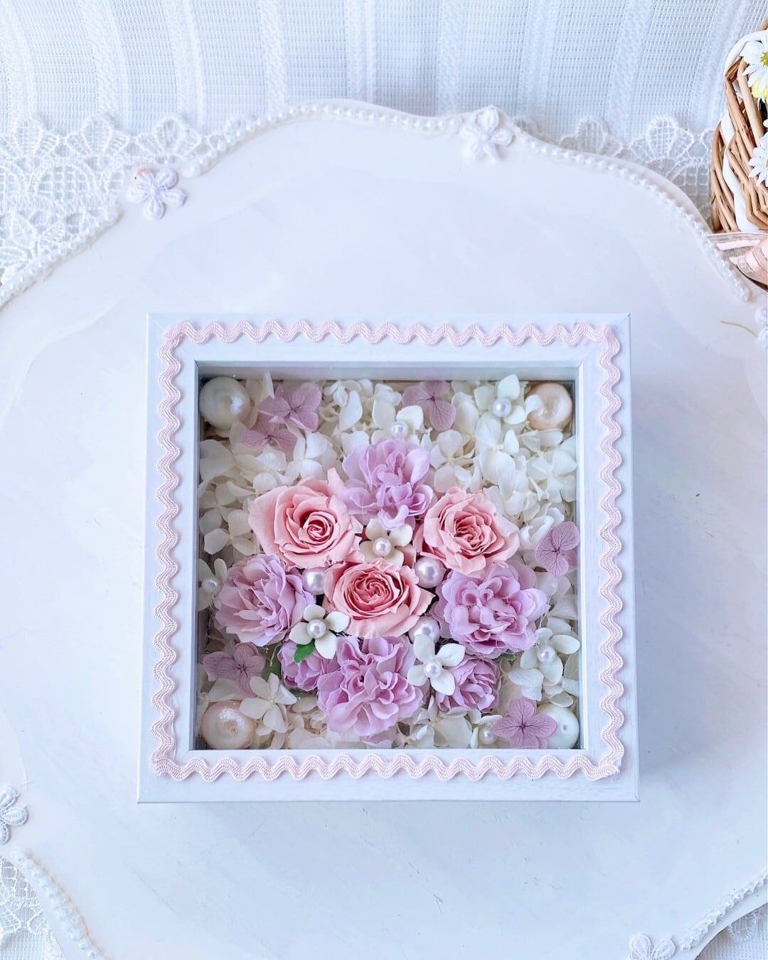 ことばの花束フラワーフレーム【HGF-02】縦横15㎝│ 木枠ガラスフレーム｜ ピンクローズ│ギフト｜ 記念日│誕生日│お餞別に