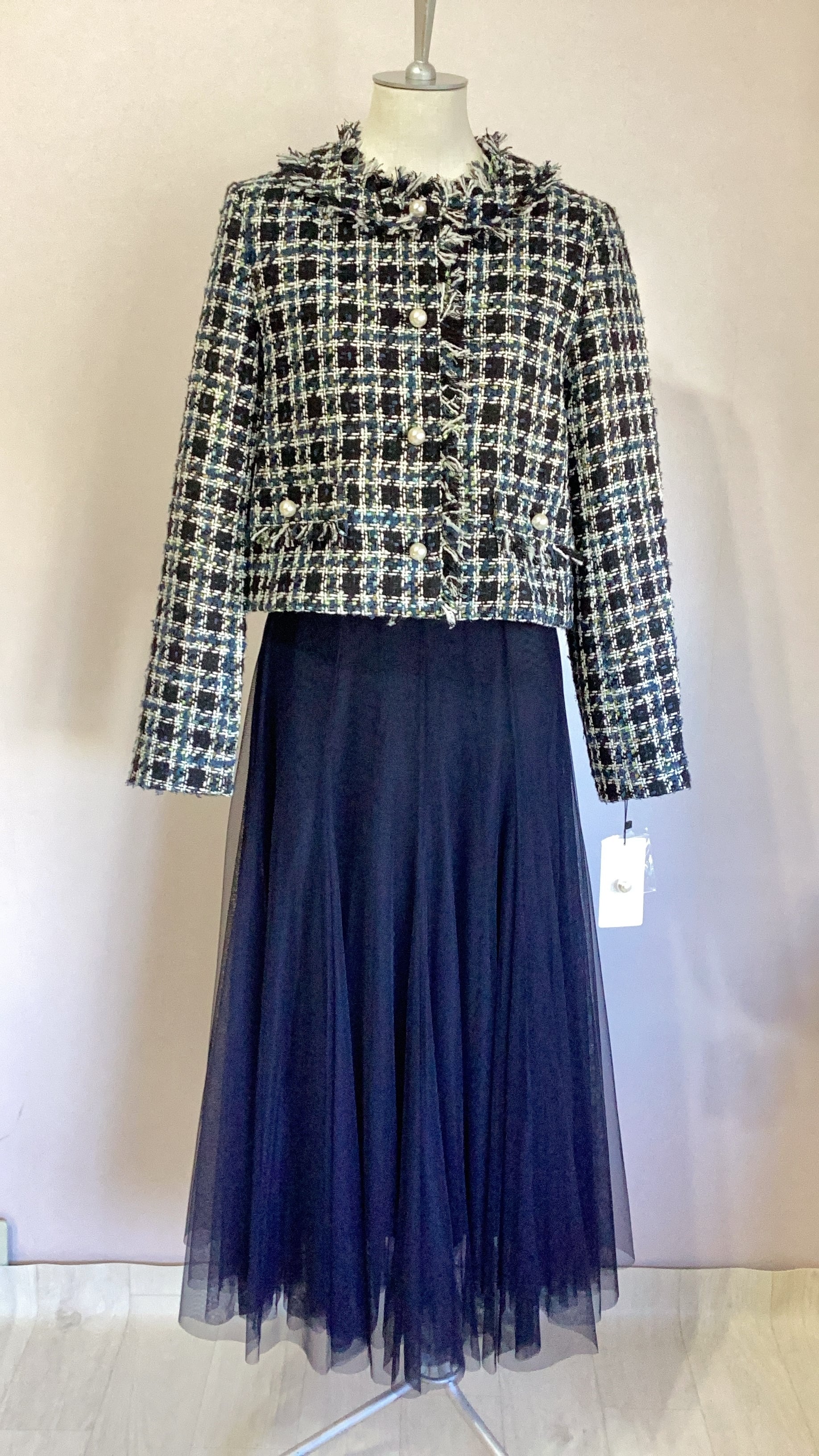 PICCIN PERLA ツイードノーカラージャケット No.907110 ブルー ピッチン Mサイズ